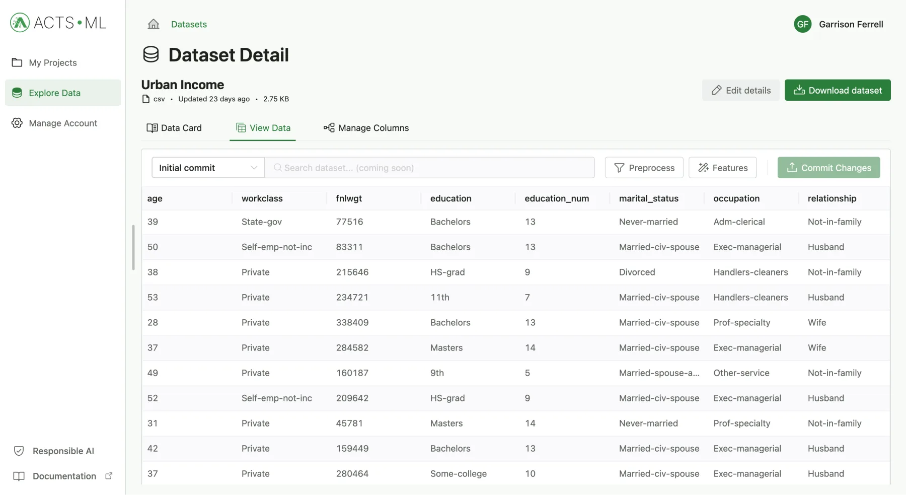 The View Data tab of a dataset in ACTS ML, with Preprocess, Features and Commit Changes controls above the table