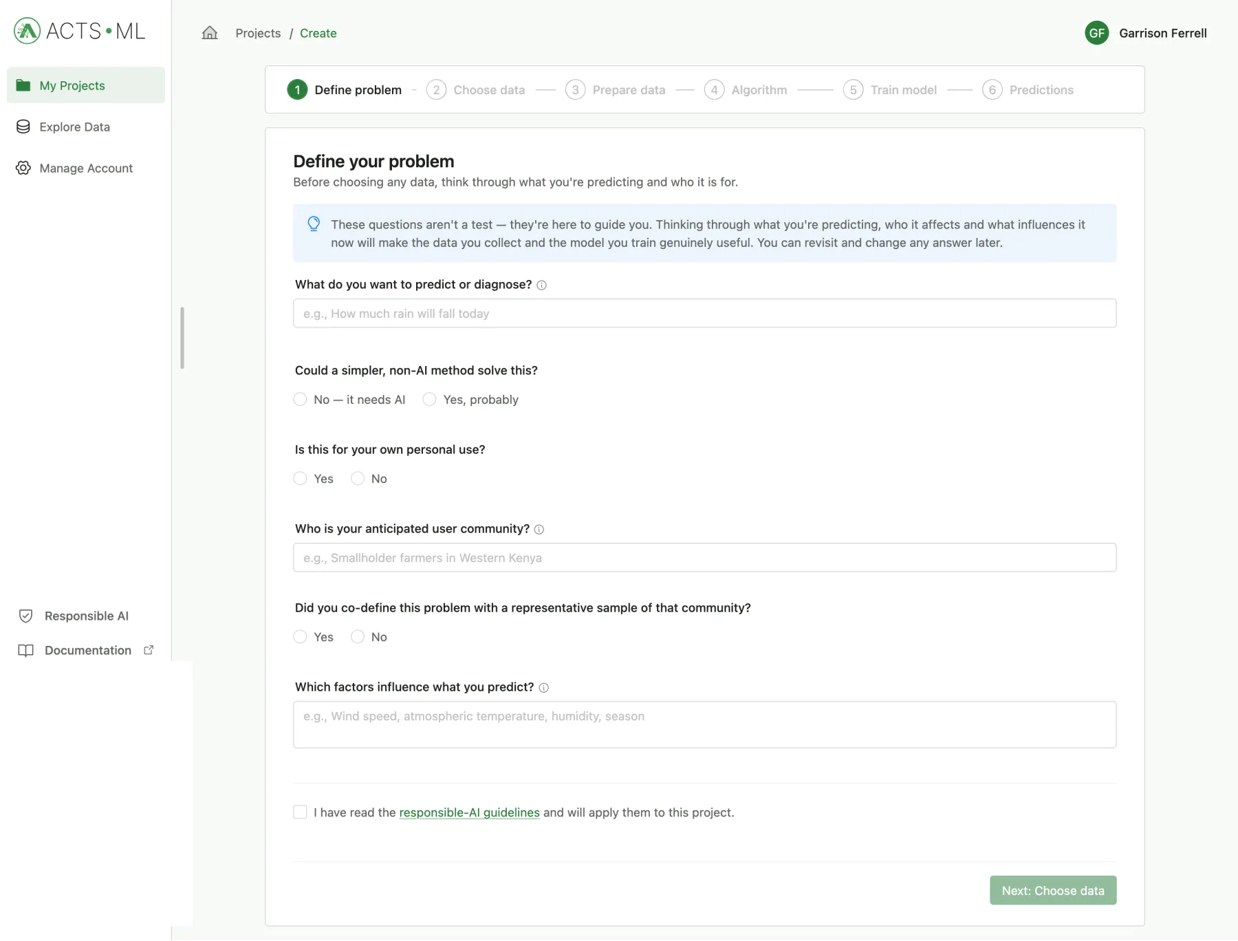 The ACTS ML wizard on its first step, Define your problem, asking what you want to predict and whether a simpler, non-AI method could solve it
