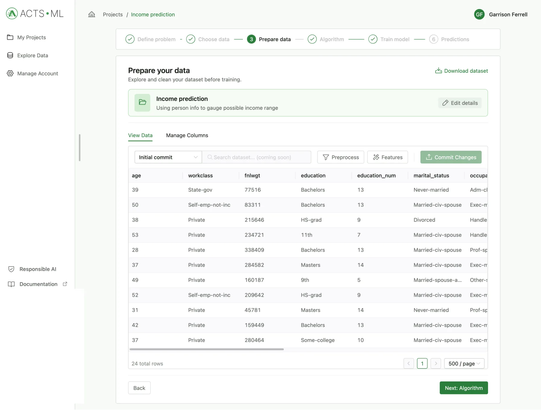 Prepare your data step showing the Data Studio table with Preprocess, Features and Commit Changes
