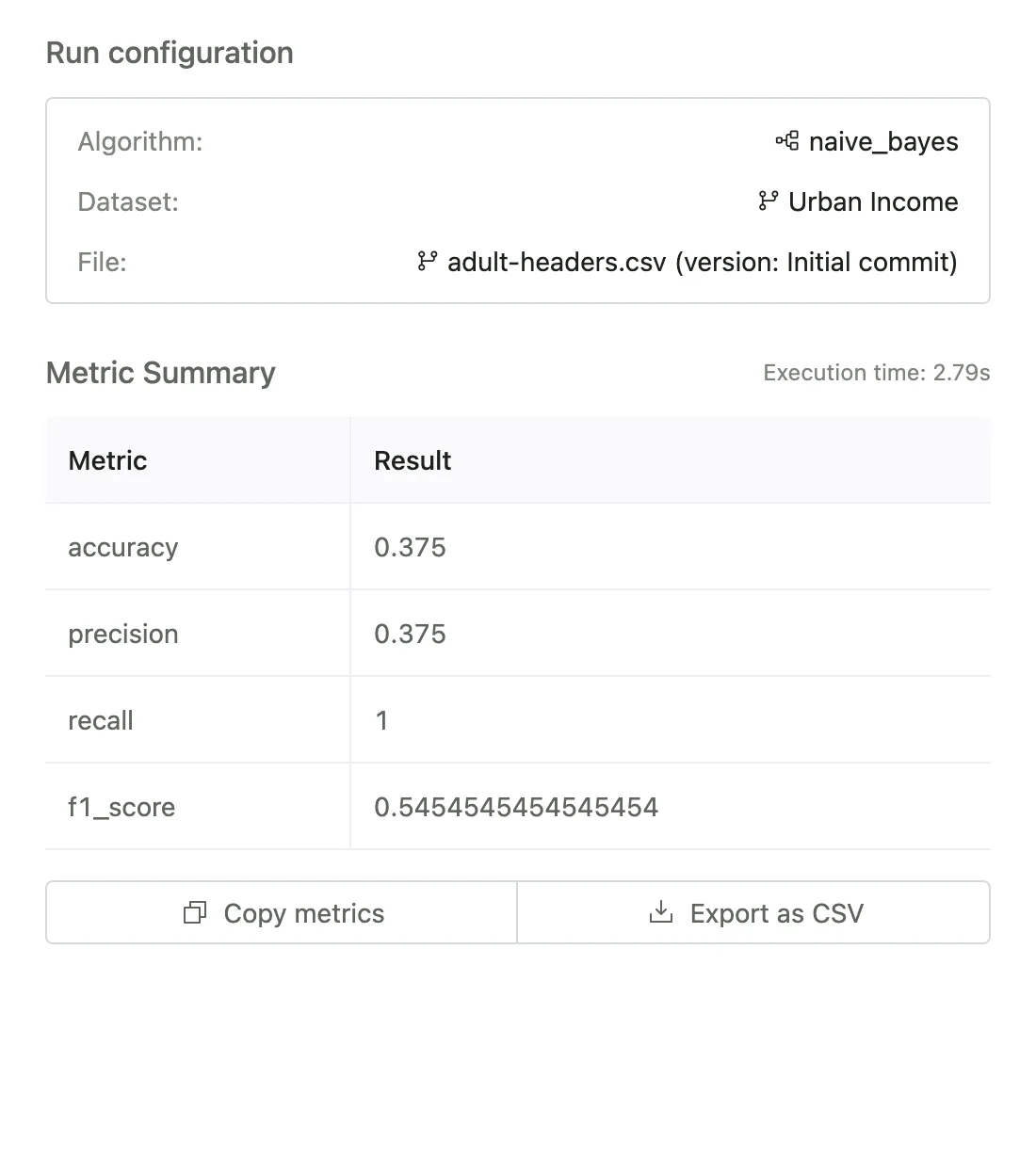 Training run summary with run ID, algorithm, dataset version and metrics, plus Copy metrics and Export as CSV